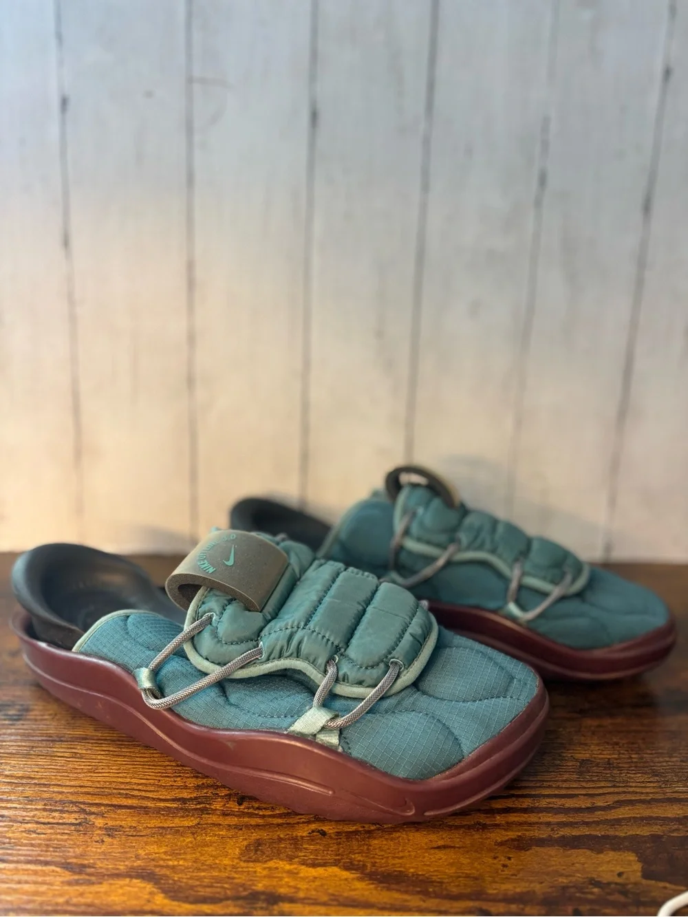 Nike Teal Quilted Slide Sandals with Burgundy Sole
